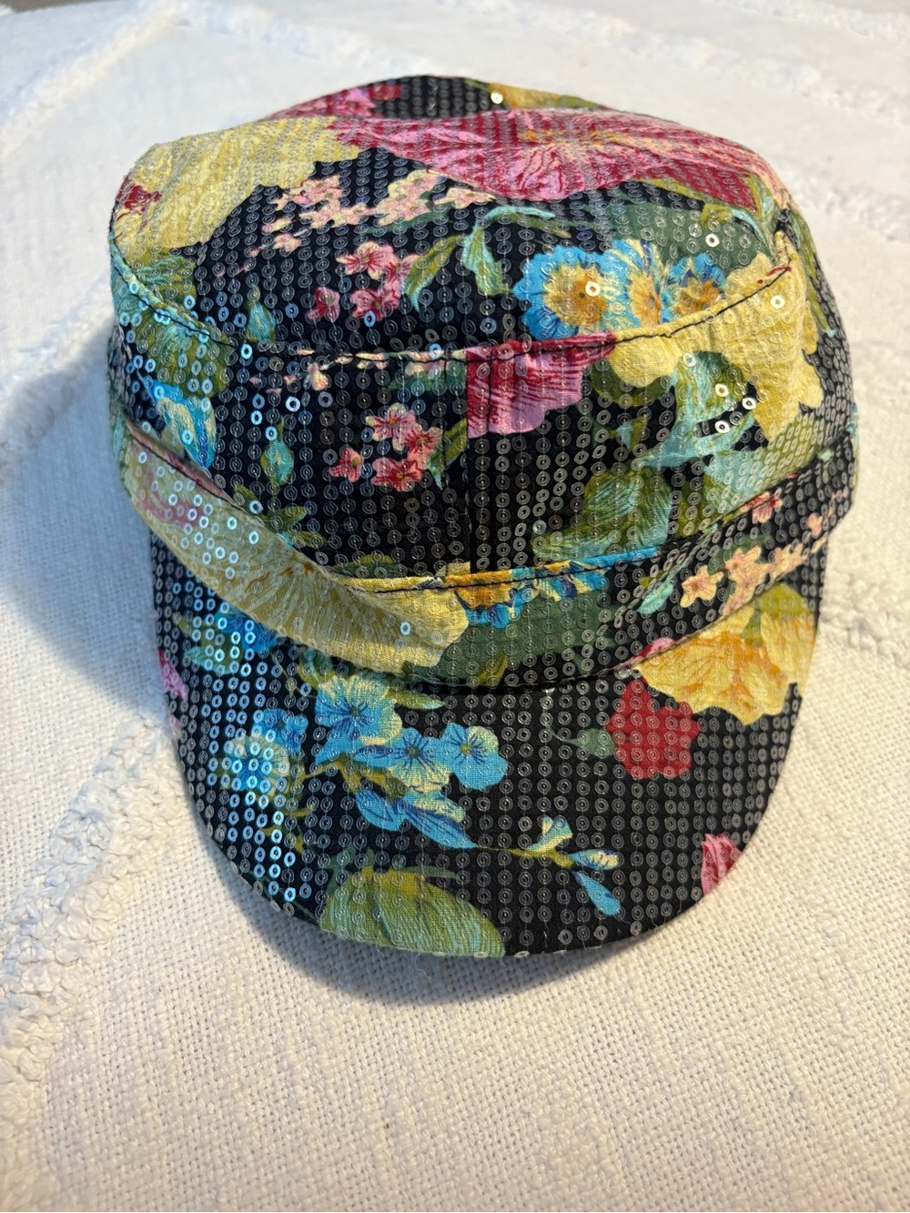 Floral Sequin Cadet Cap - Black Base with Multicolor Flowers
